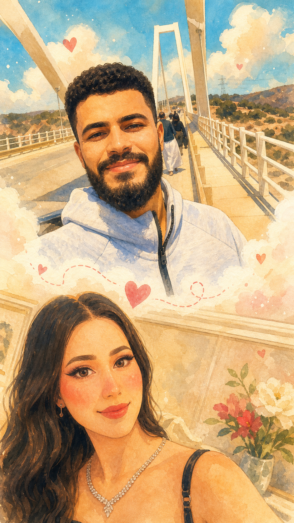 Hand-painted split memory of him on a bridge and her smiling below.
