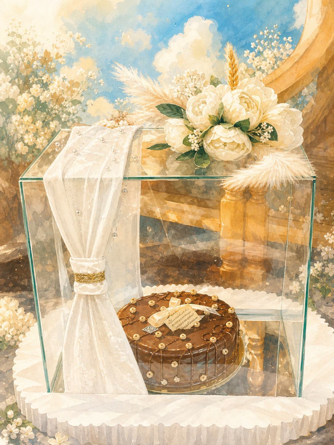 Hand-painted illustration of a celebration cake display with white flowers.