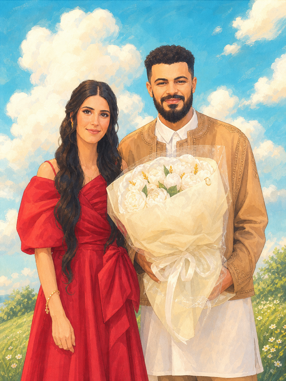 Hand-painted illustration of the couple with flowers under a bright sky.