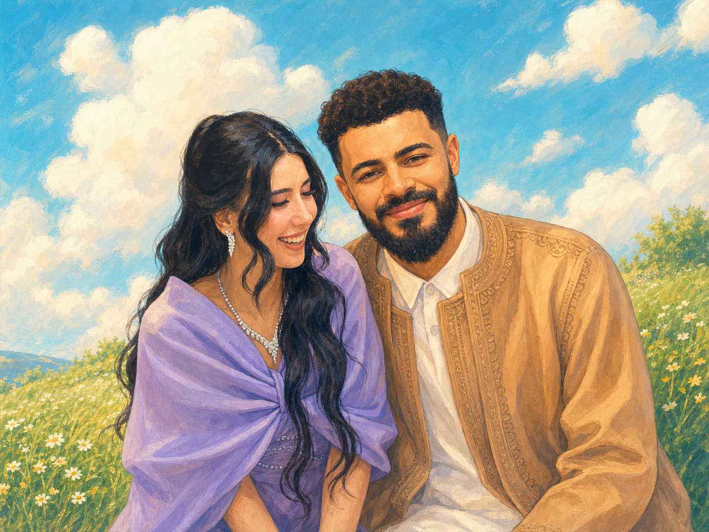 Hand-painted illustration of the couple smiling together in a field.